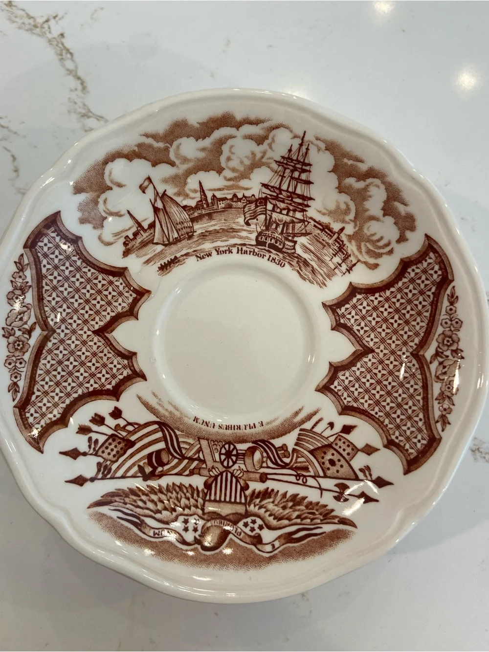 Tea Cup & Saucer Service For (8) New York Harbor Scene, State Seal By Fair Winds